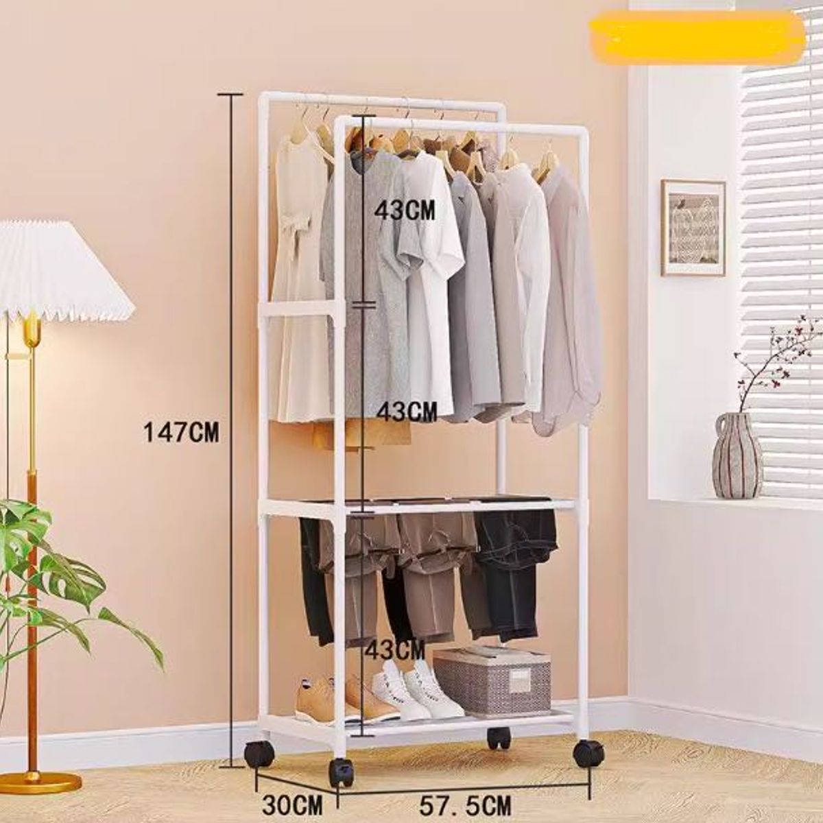 OASIS - PERCHERO O ORGANIZADOR BLANCO CON RUEDA  DOBLE BARRA DE 147 CM CON ZAPATERA