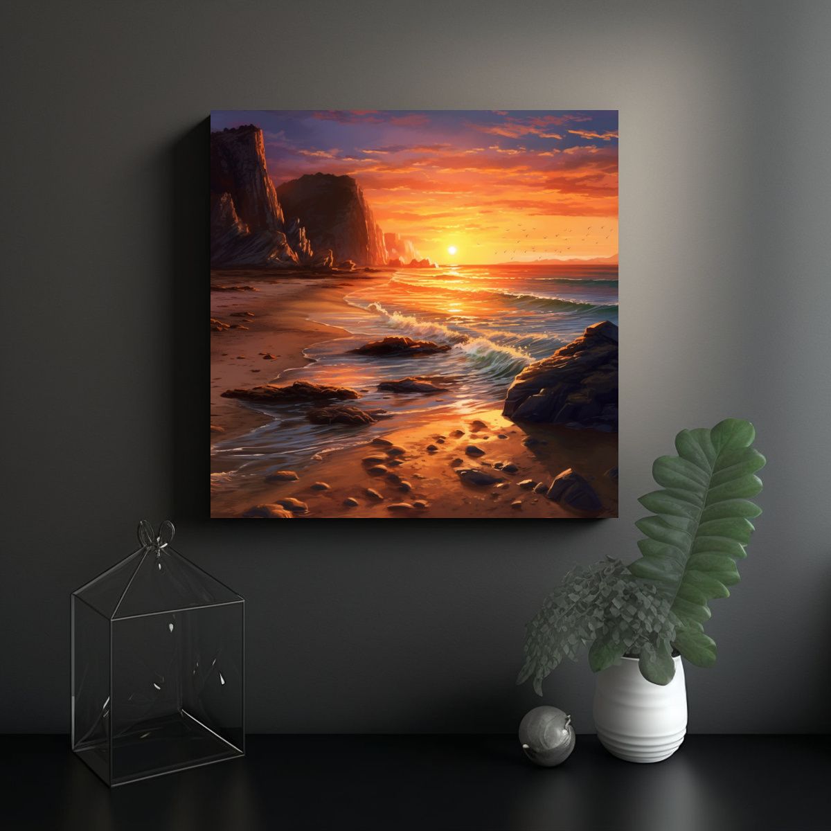 GENERICO - Cuadro De Tela Atardecer En Playa Con 60x60 Cm.