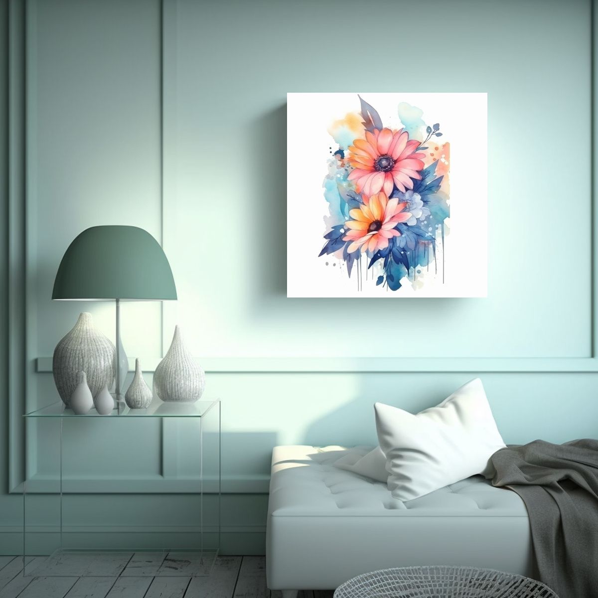 GENERICO - Cuadro Simétrico De Flores En Estilo Acuarela 60x60 Cm