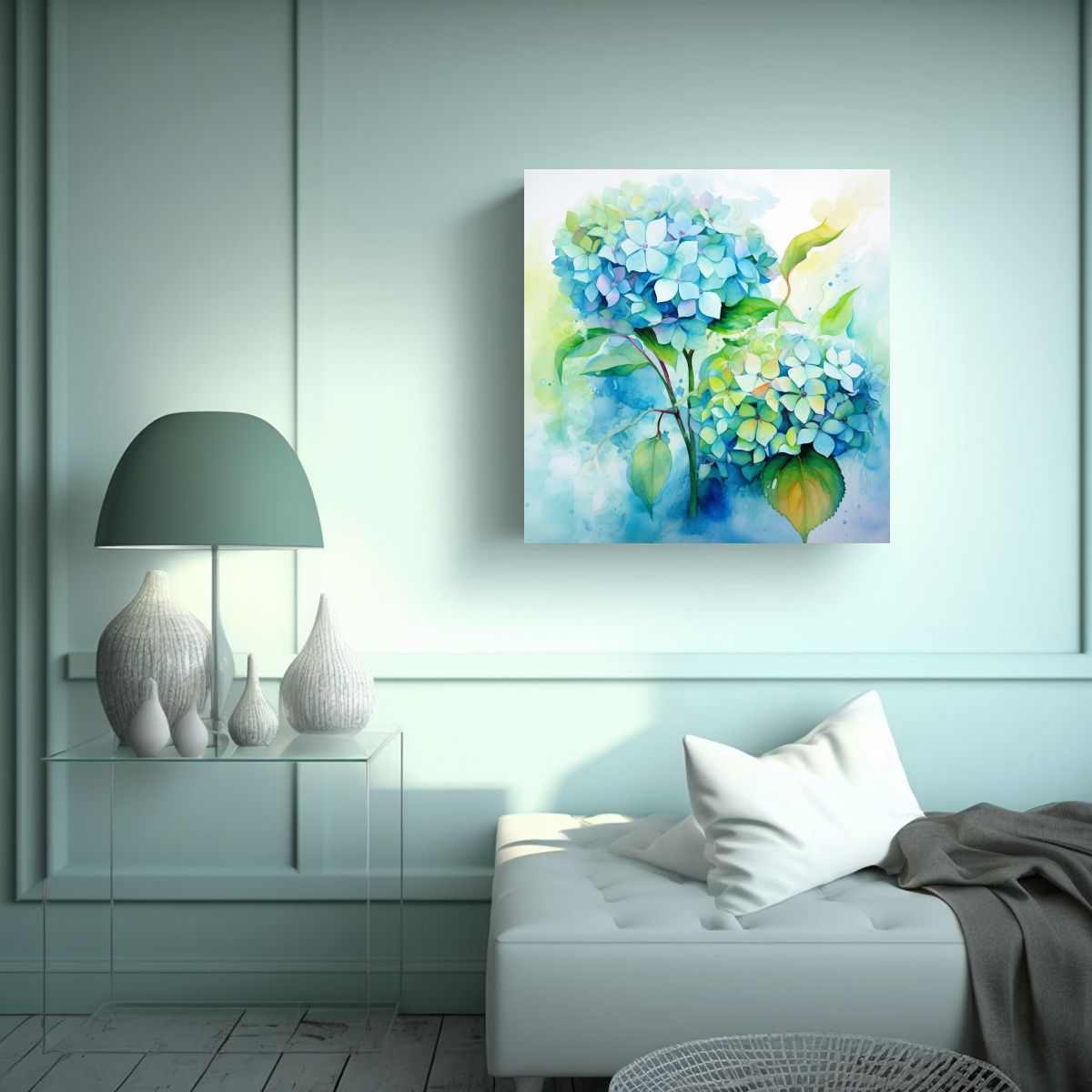 GENERICO - Pintura Abstracta De Flores Hydrangeas Verde Y 60x60 Cm