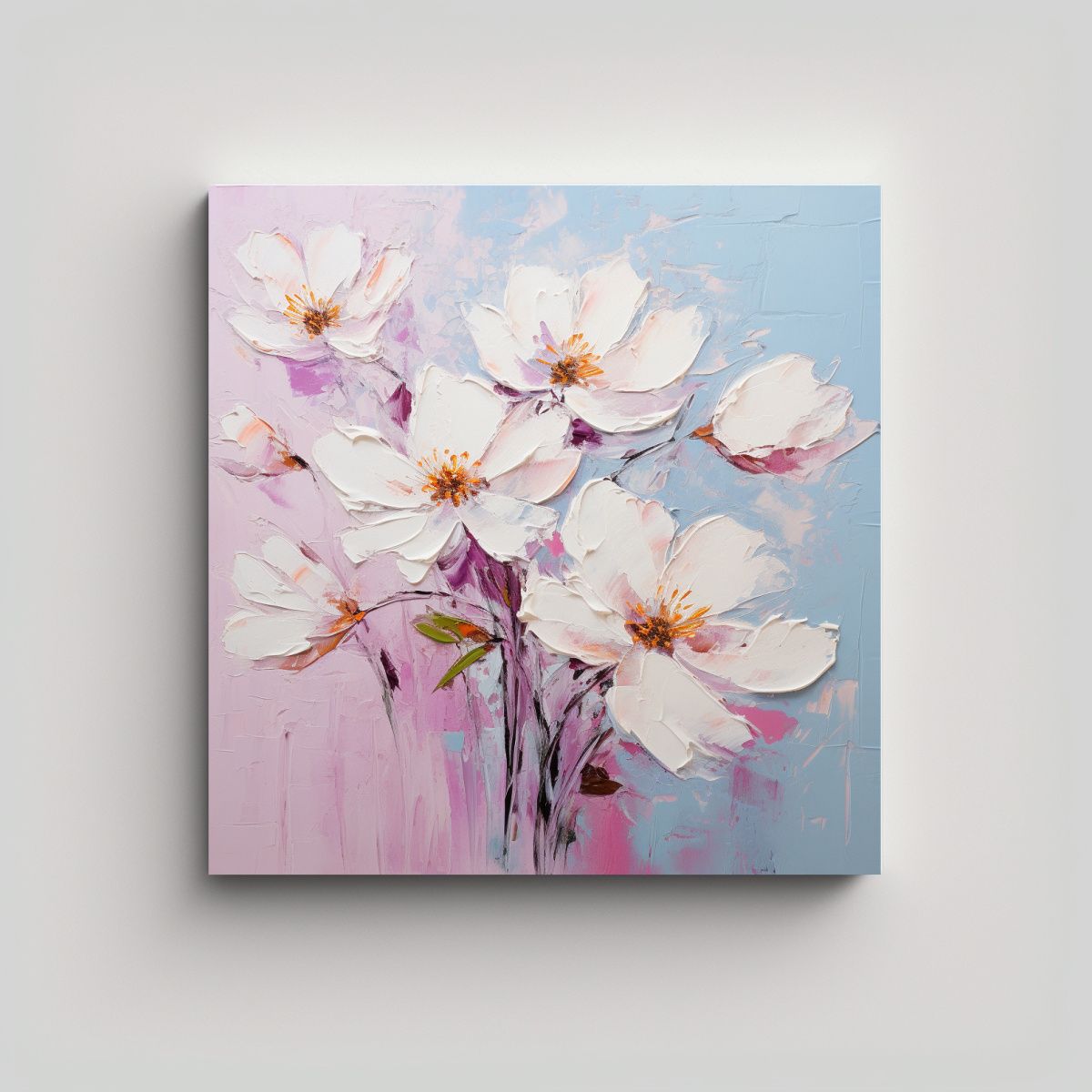 GENERICO - Pintura En Lienzo De Flores Blancas Y Rosas De 60x60 Cm.