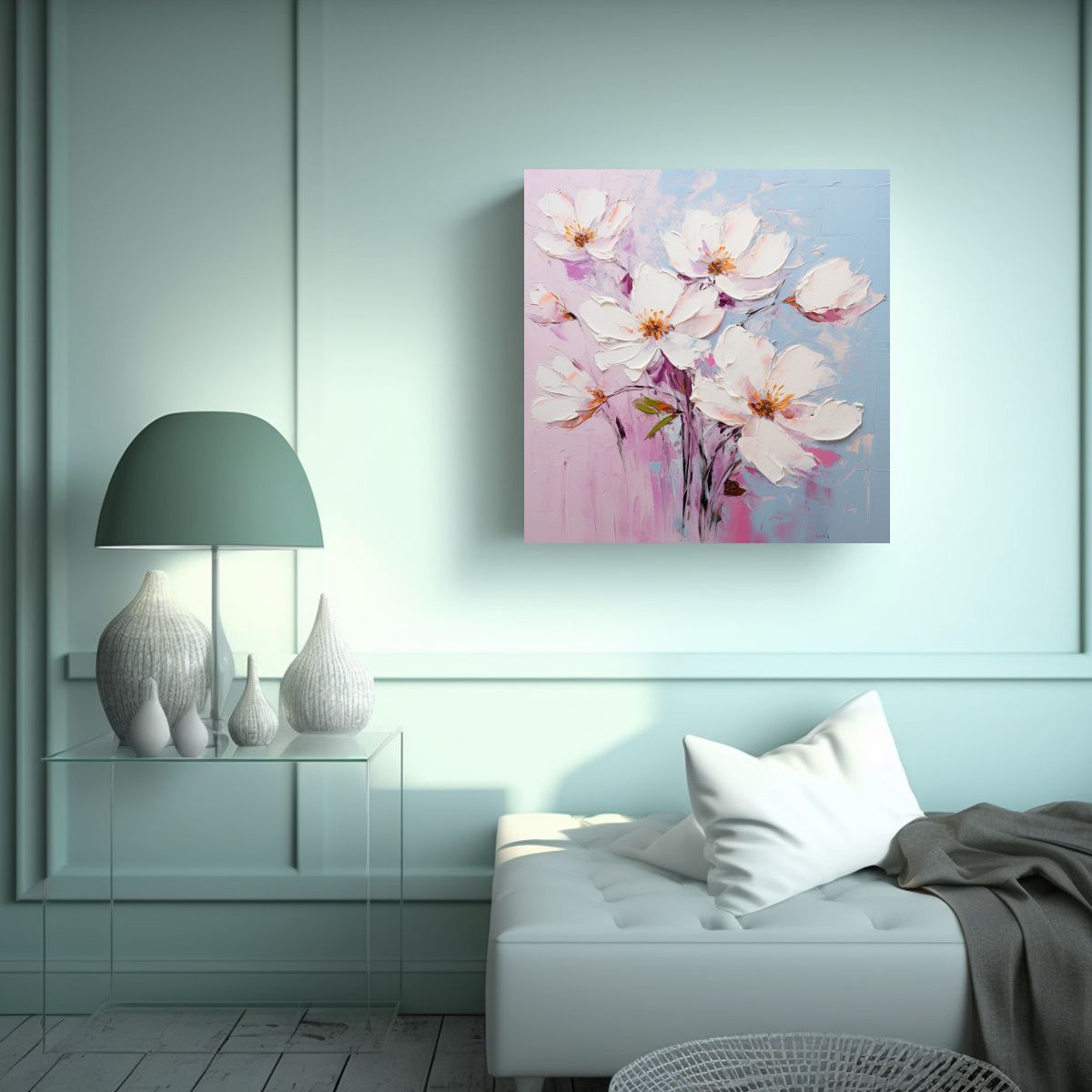 GENERICO - Pintura En Lienzo De Flores Blancas Y Rosas De 60x60 Cm.
