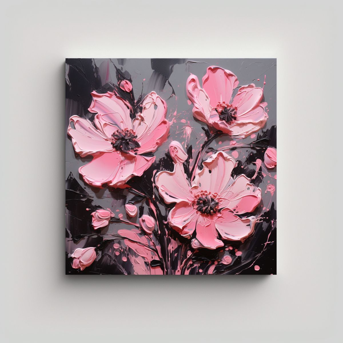 GENERICO - Pintura Floral En Lienzo En Colores Negro Y Rosa 60x60 Cm