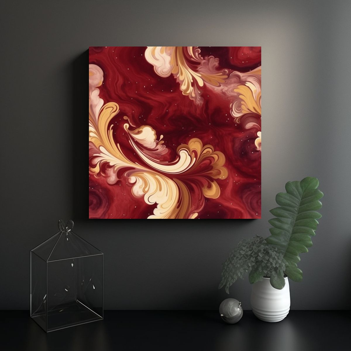 GENERICO - Cuadro En Tela Maroon Y Oro Estilo Decoración 60x60 Cm