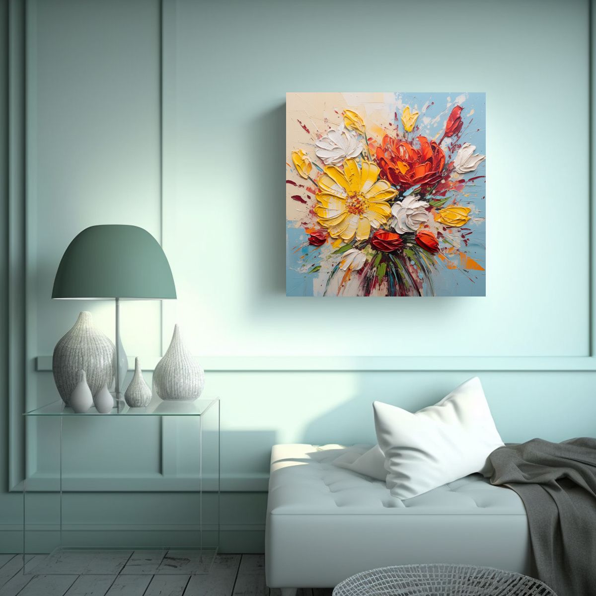 GENERICO - Cuadro De Flores Amarillas Y Rojas En Lienzo 60x60 Cm