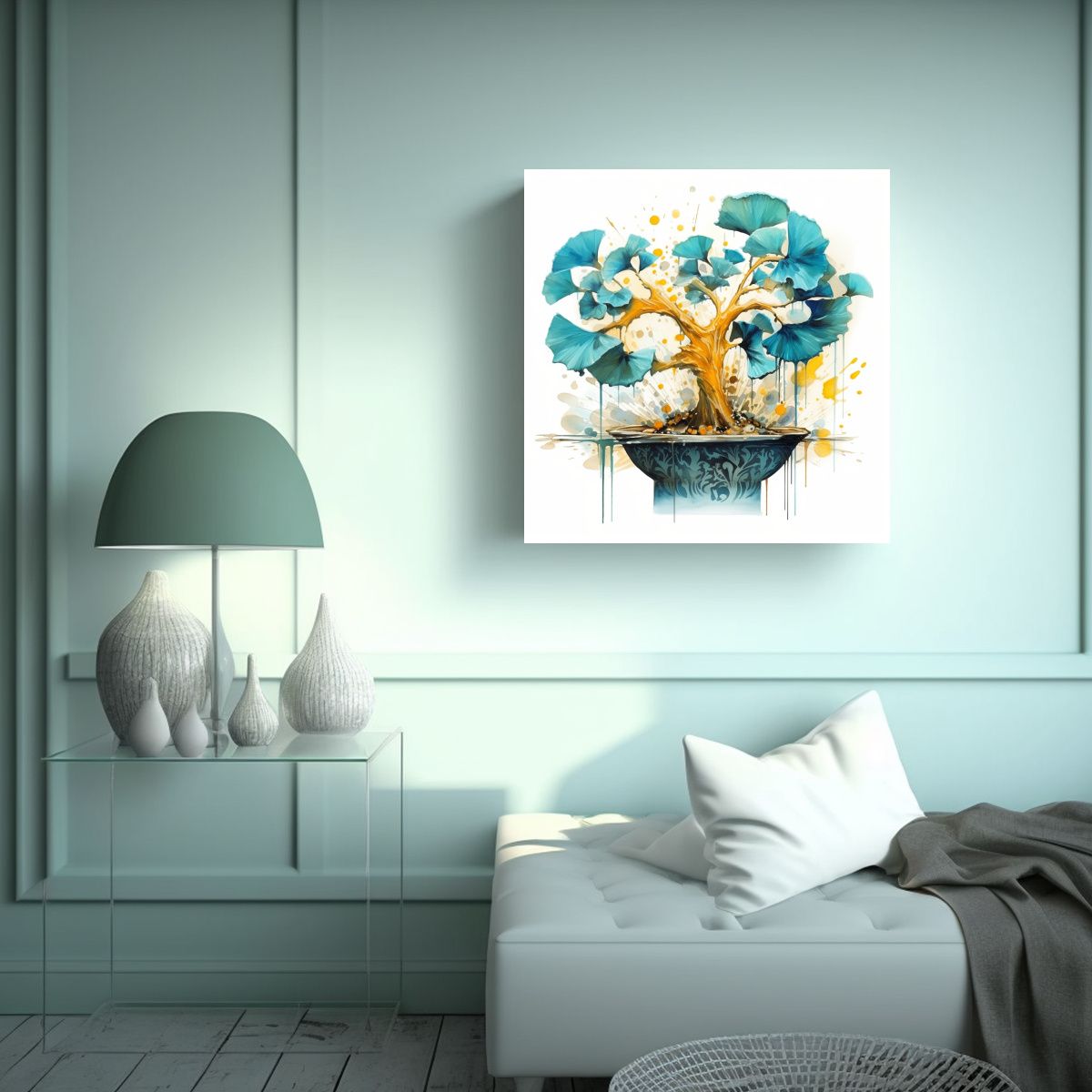 GENERICO - Tela En Bastidor Ginkgo Biloba Bonsái Turquesa Y 60x60 Cm