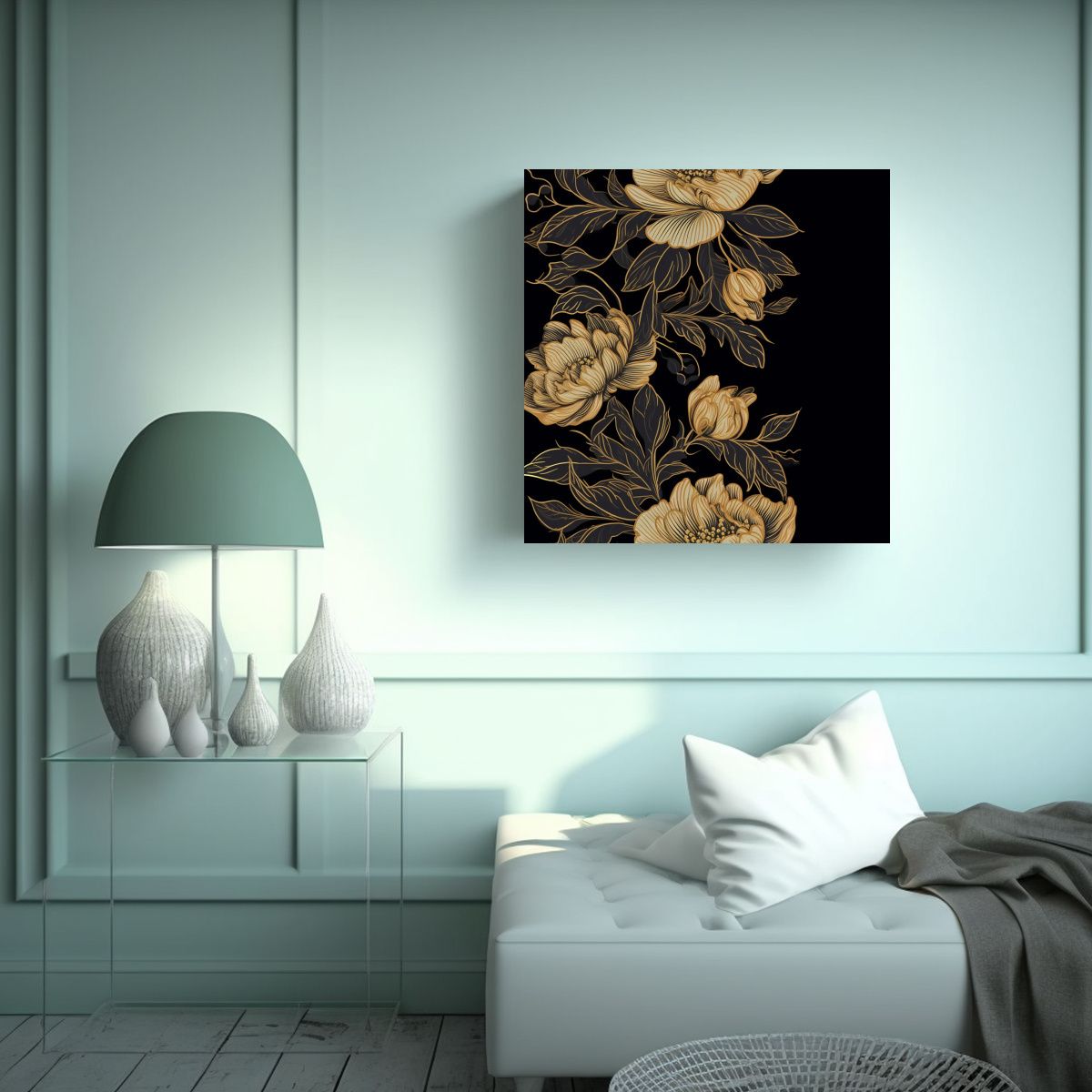 GENERICO - Cuadro Decorativo Brillante Con Flores Doradas En 60x60 Cm