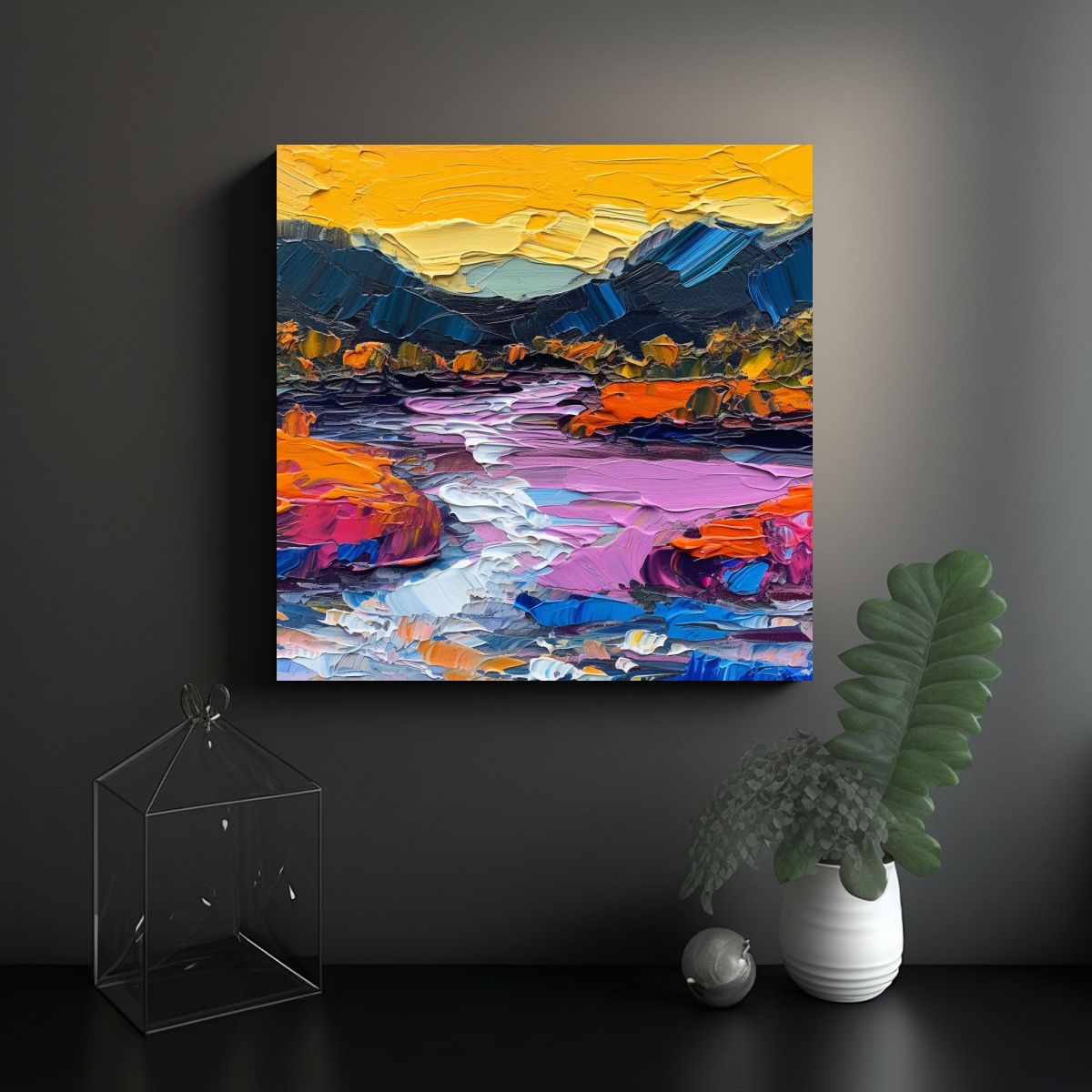 GENERICO - Pintura Al óleo Impasto De Un Río Rodeado De 60x60 Cm