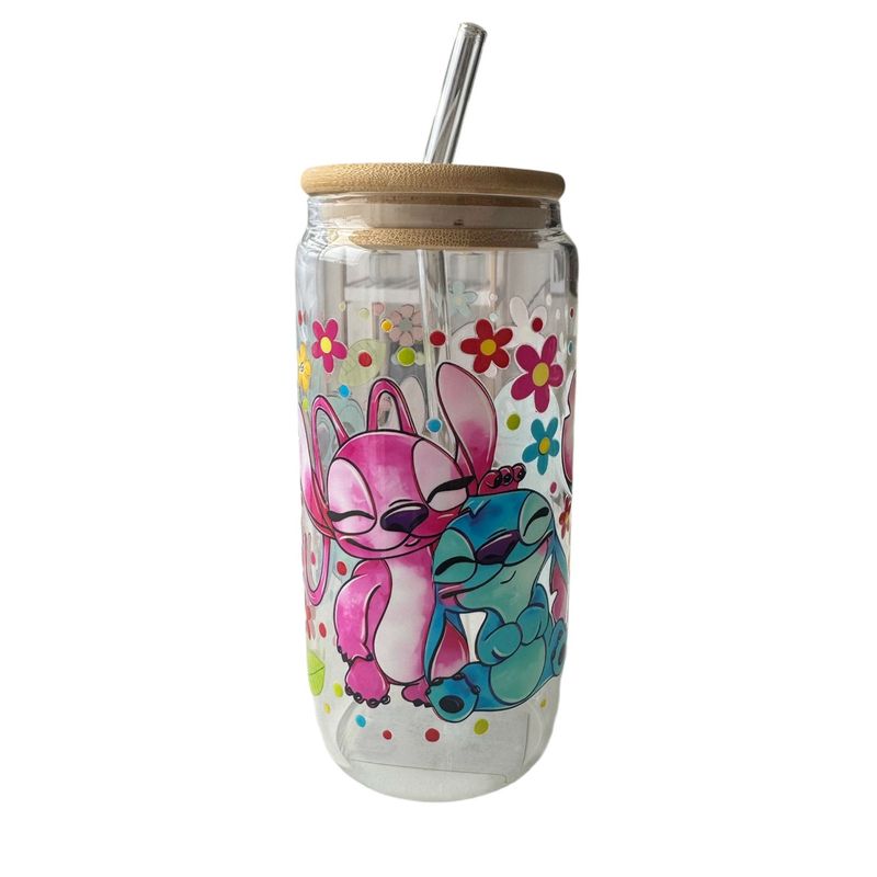 GENERICO - Vaso Diseño Stitch con tapa de bambú