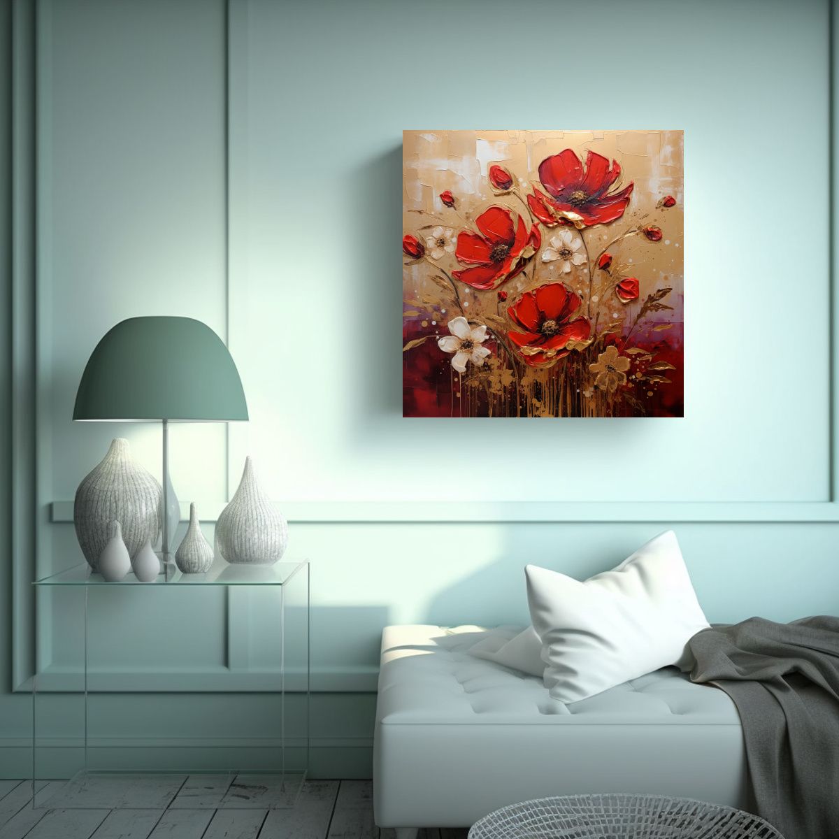 GENERICO - Pintura Cuadro Floral Rojo Y Dorado En Lienzo 60x60 Cm