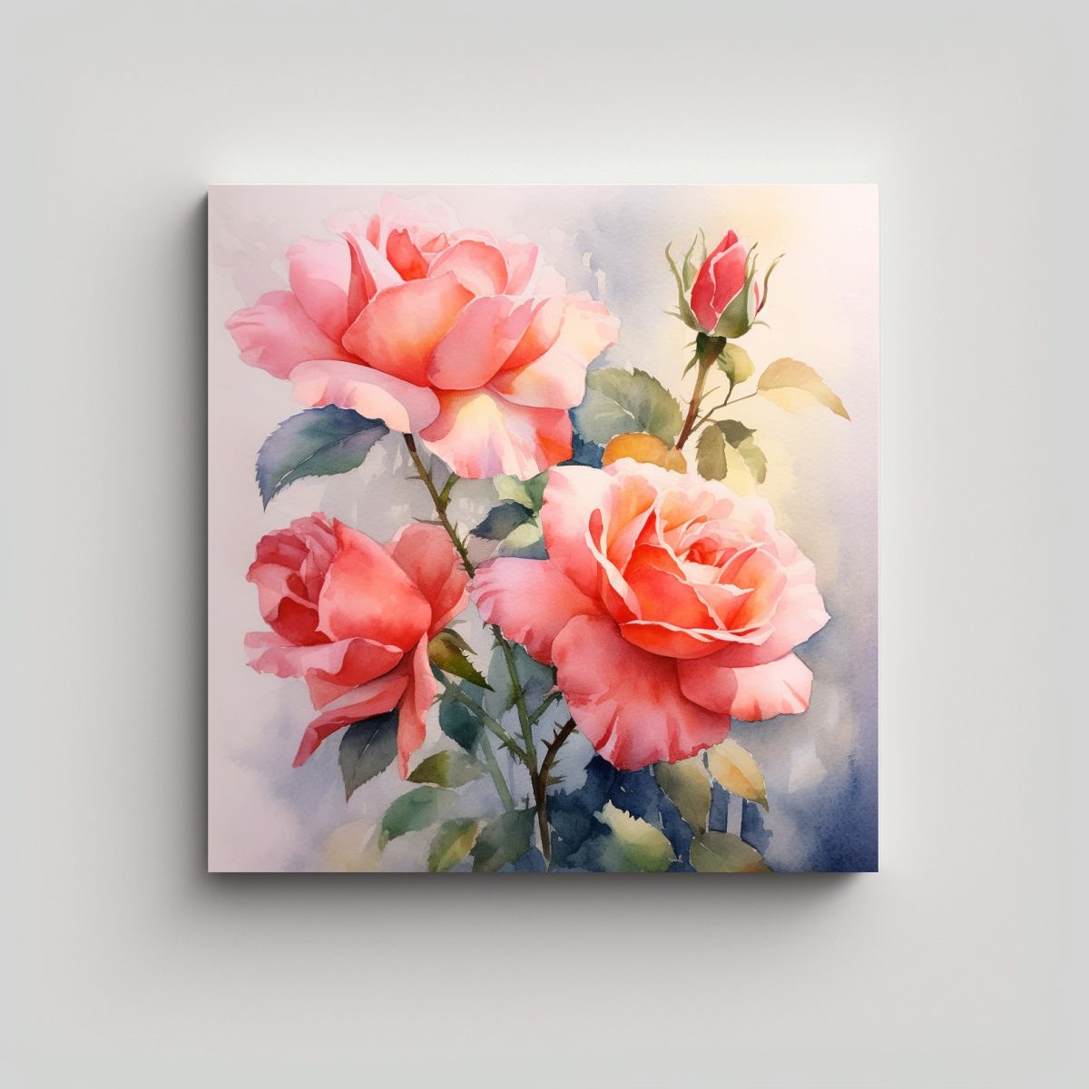 GENERICO - Cuadro Único De Rosas Sueltas En Acuarela Sobre 60x60 Cm