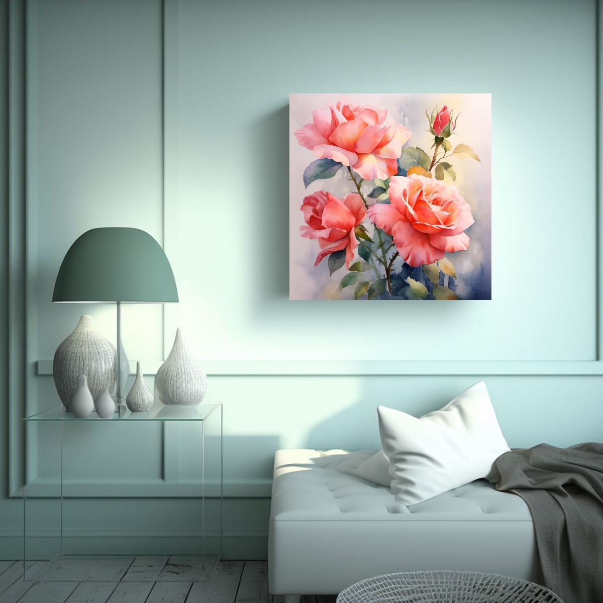 GENERICO - Cuadro Único De Rosas Sueltas En Acuarela Sobre 60x60 Cm