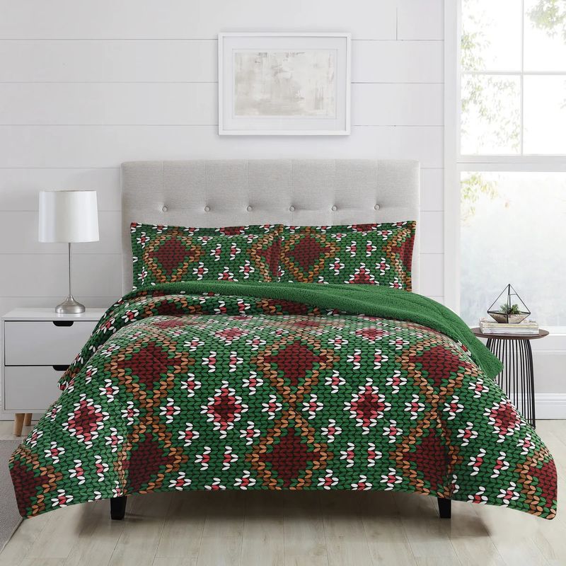 CHANTILLY - Plumón Flannel Sherpa Estampado 1.5 Plazas Verde