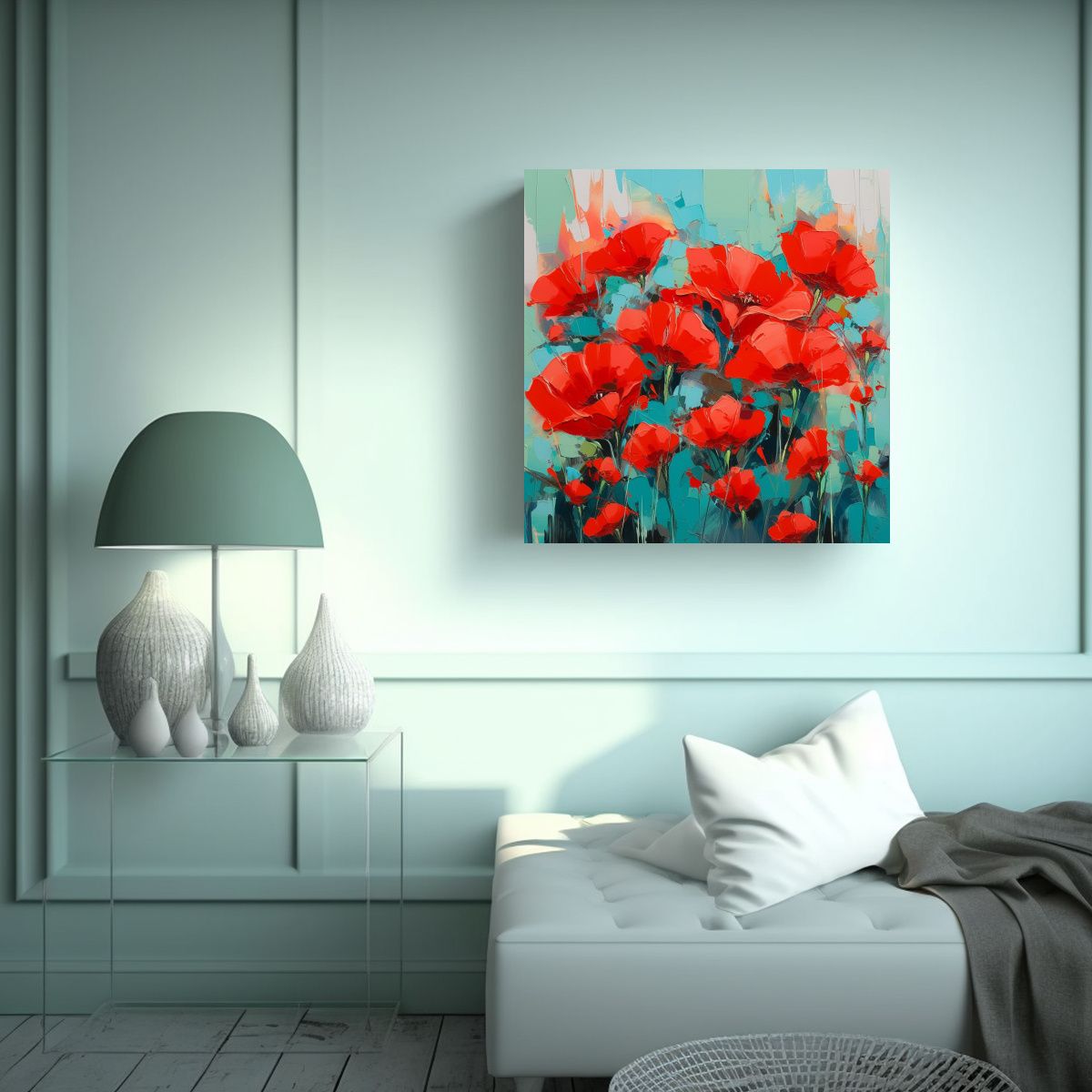 GENERICO - Cuadro Abstracto Exposición Rojo Y Turquesa 60x60 Cm.