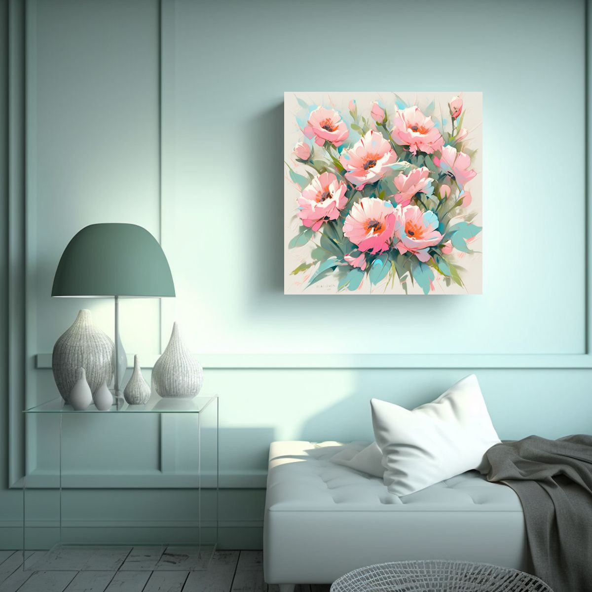 GENERICO - Cuadro Moderno Colorido Turquesa Y Rosa Flores En 60x60 Cm
