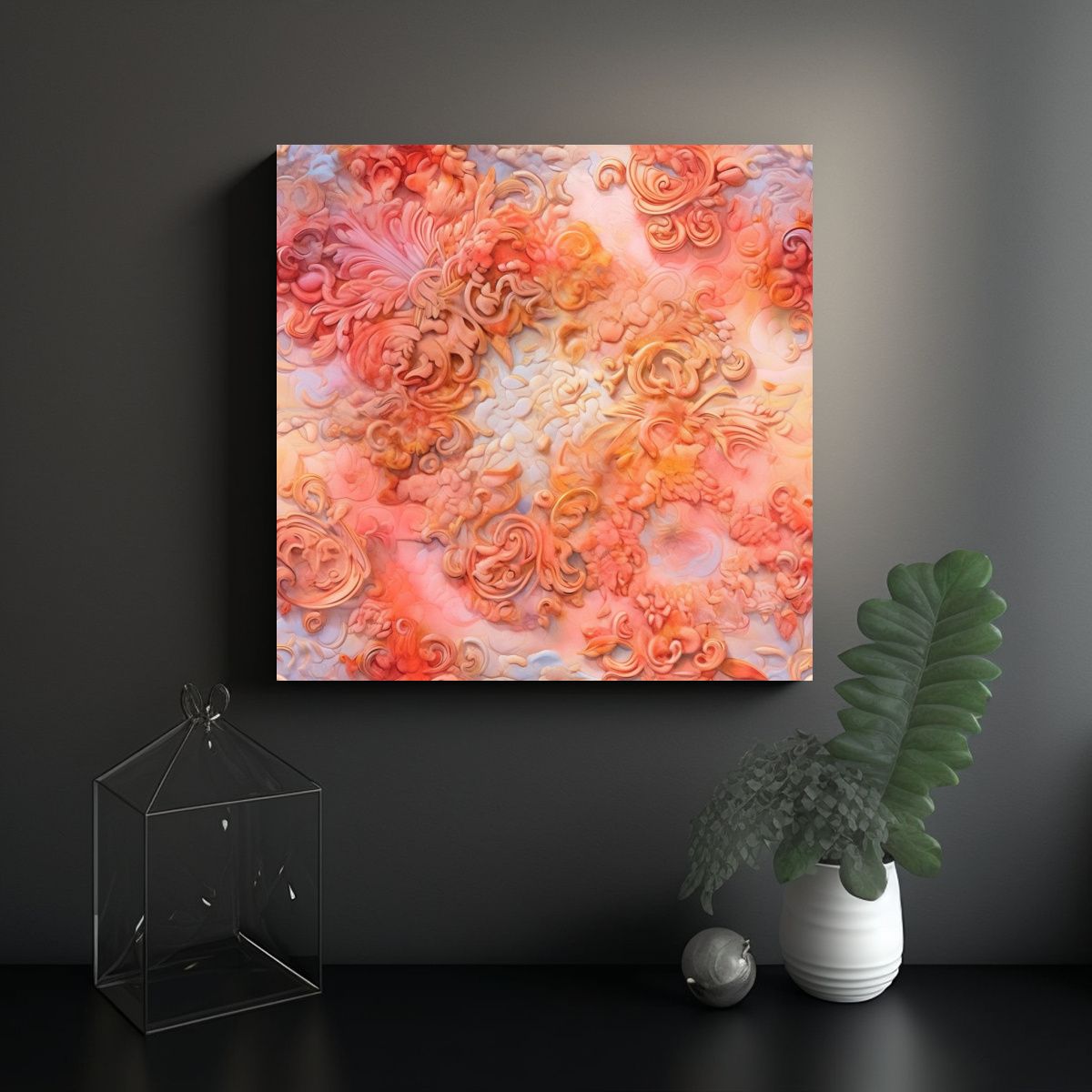 GENERICO - Cuadro De Coral Y Dorado Estilo Ricamente 60x60 Cm