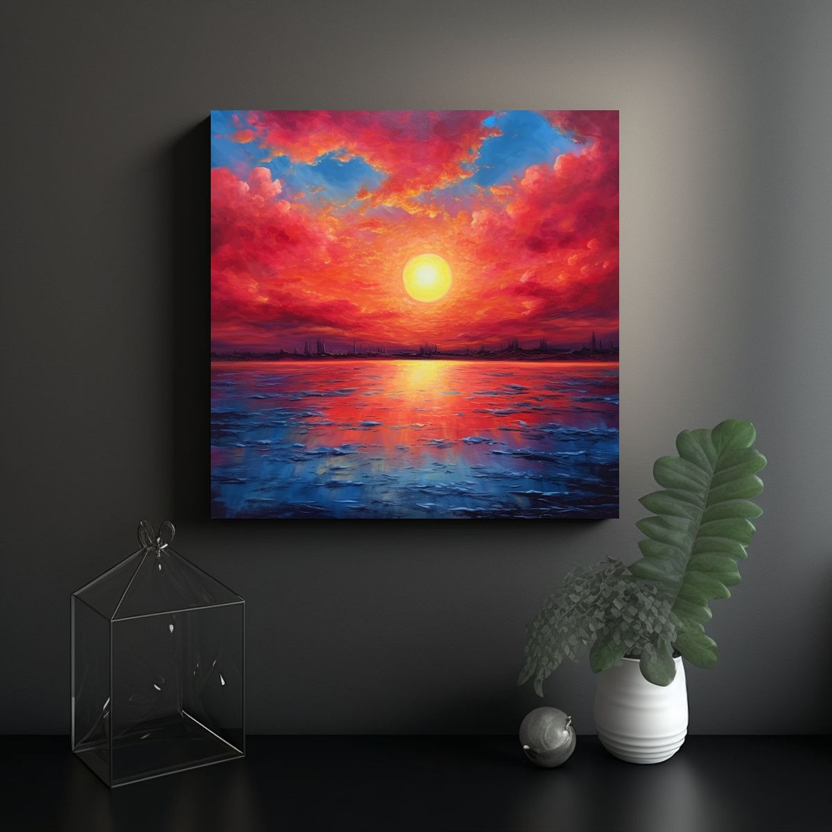 GENERICO - Lienzo Cultural De Finas Líneas Al Amanecer Rojo 60x60 Cm