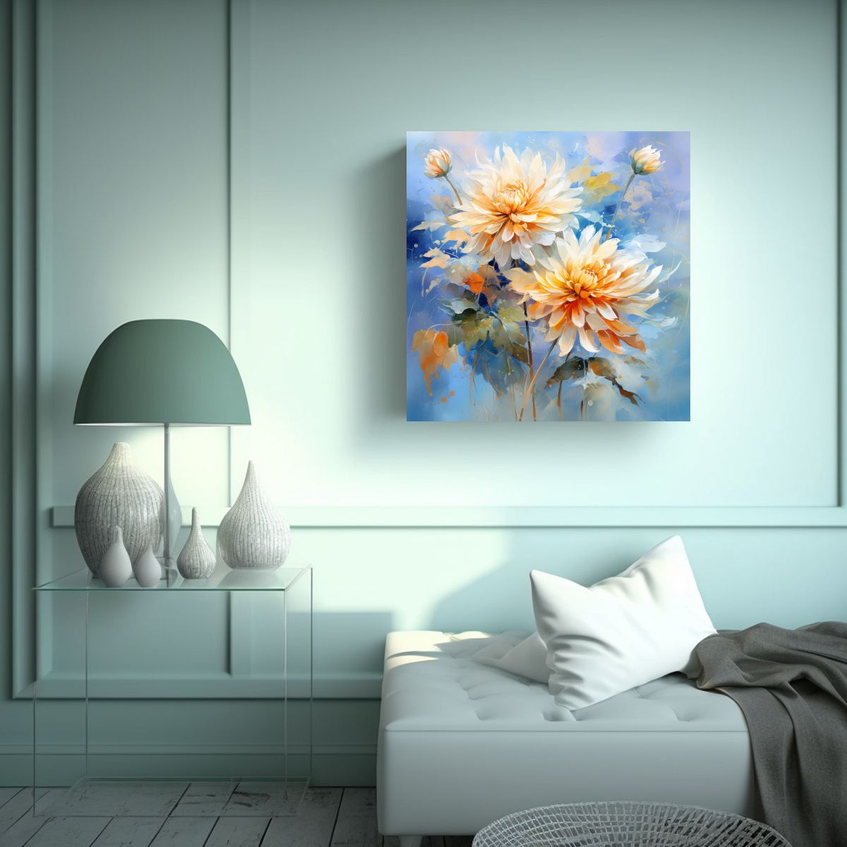 GENERICO - Cuadro Cuadrado Abstracto De Dahlia Gold Y Azul 60x60 Cm