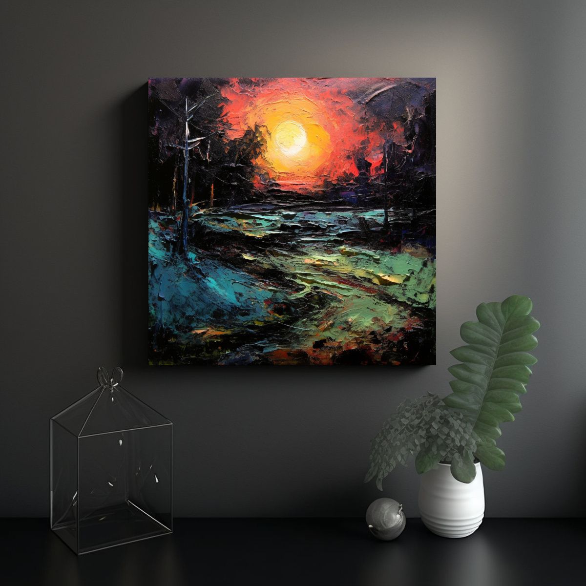 GENERICO - Pintura Paisaje Estilo Expresionismo Oscuro Con 60x60 Cm