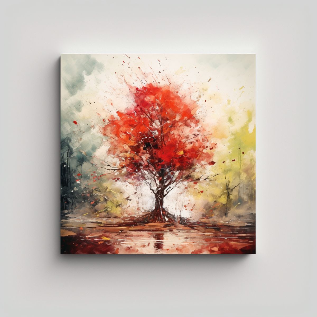 GENERICO - Pintura Abstracta De árbol Rojo Y Dorado En Agua 60x60 Cm