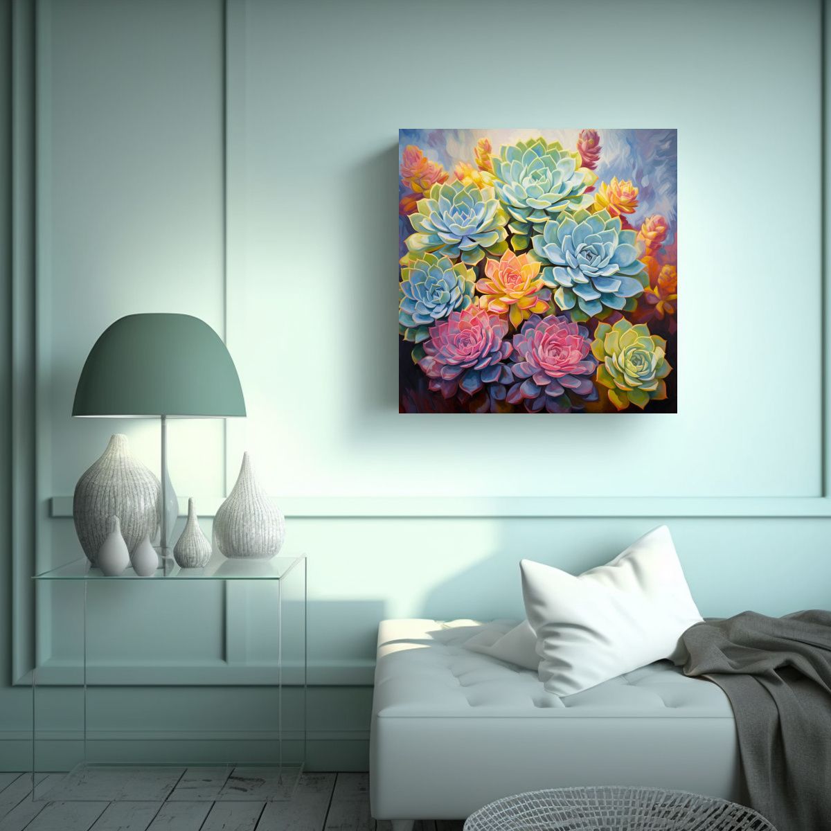 GENERICO - Pintura Abstracta De Suculentas Y Flores Al 60x60 Cm