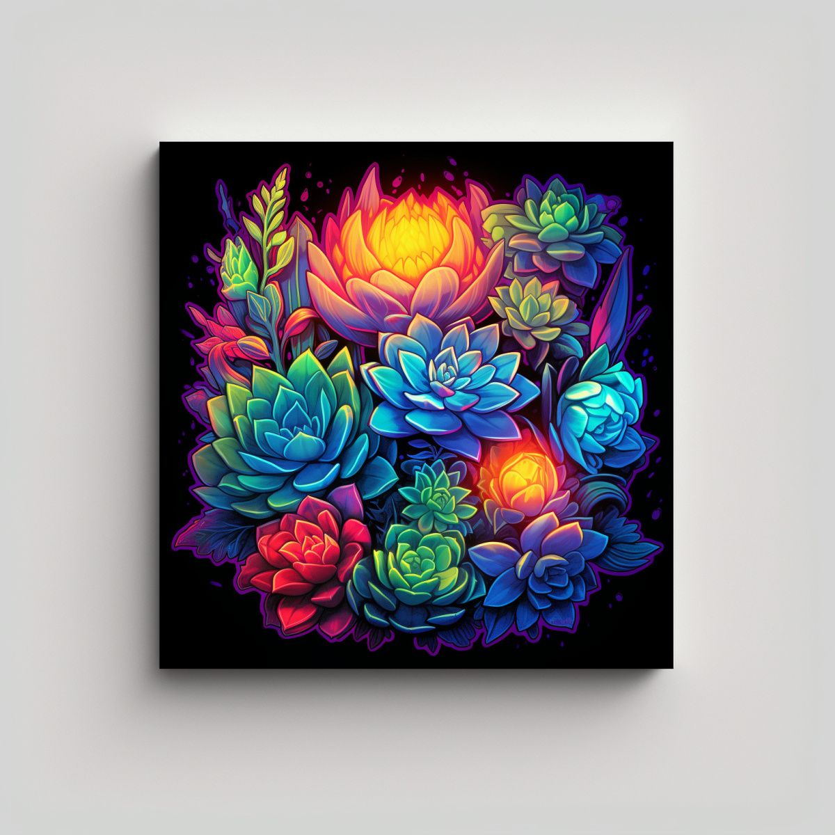 GENERICO - Arte De Suculenta Neón Y Líneas Finas En 60x60 Cm.