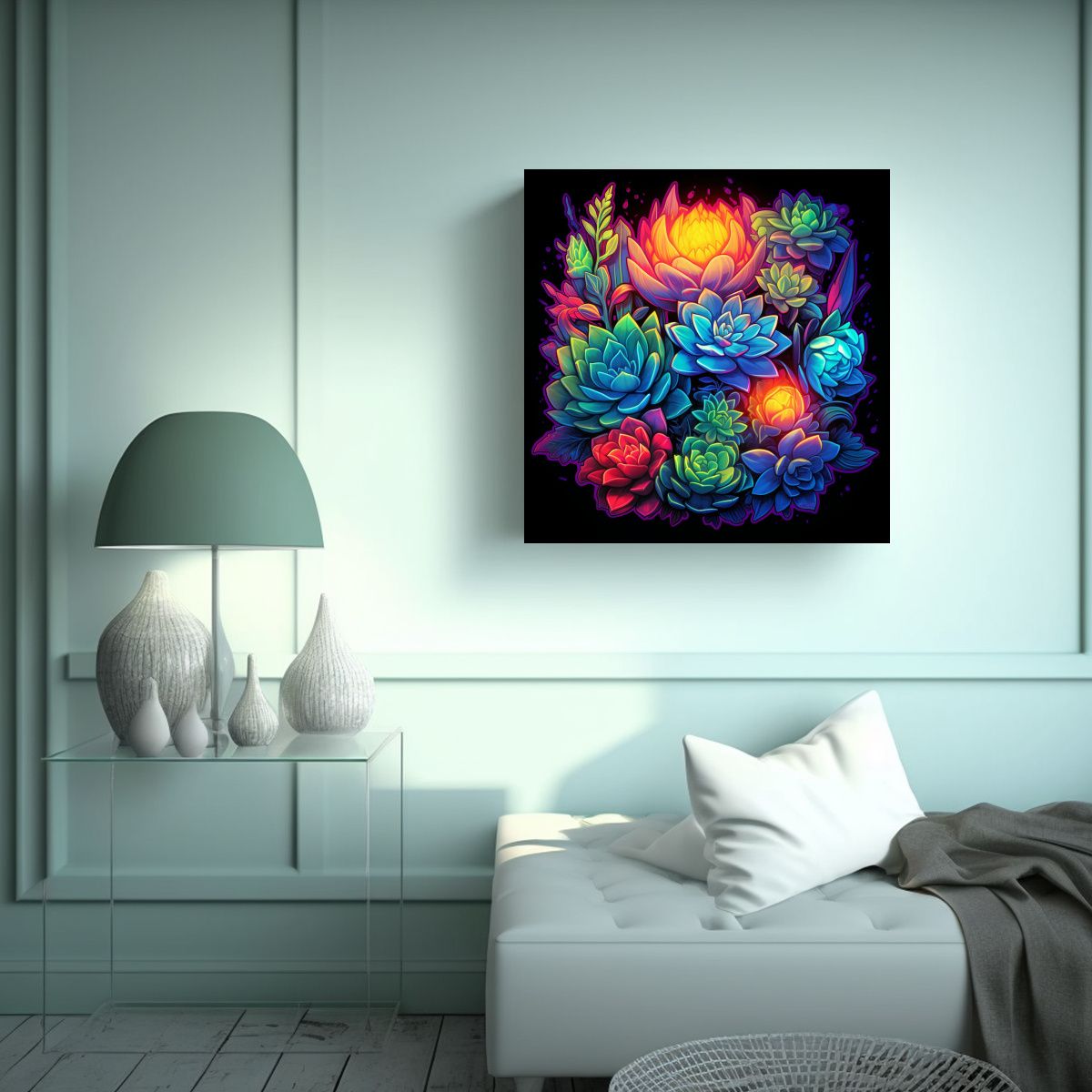 GENERICO - Arte De Suculenta Neón Y Líneas Finas En 60x60 Cm.