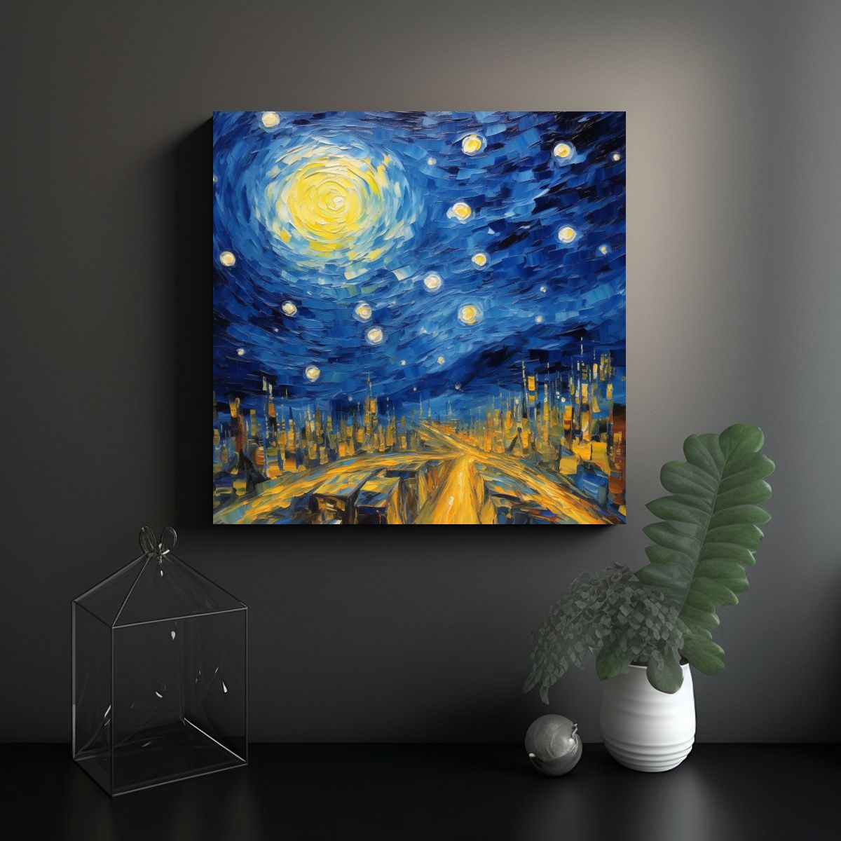 GENERICO - Pintura De Escena Nocturna Estrellada Con Ciudad 60x60 Cm.