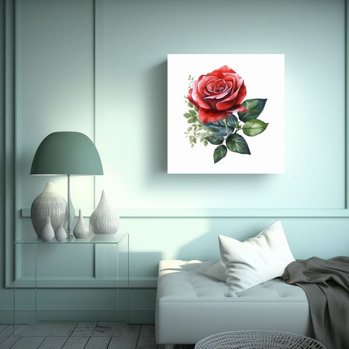 GENERICO - Cuadro De Rosa Roja Y Hojas Verdes En Acuarela - 60x60 Cm