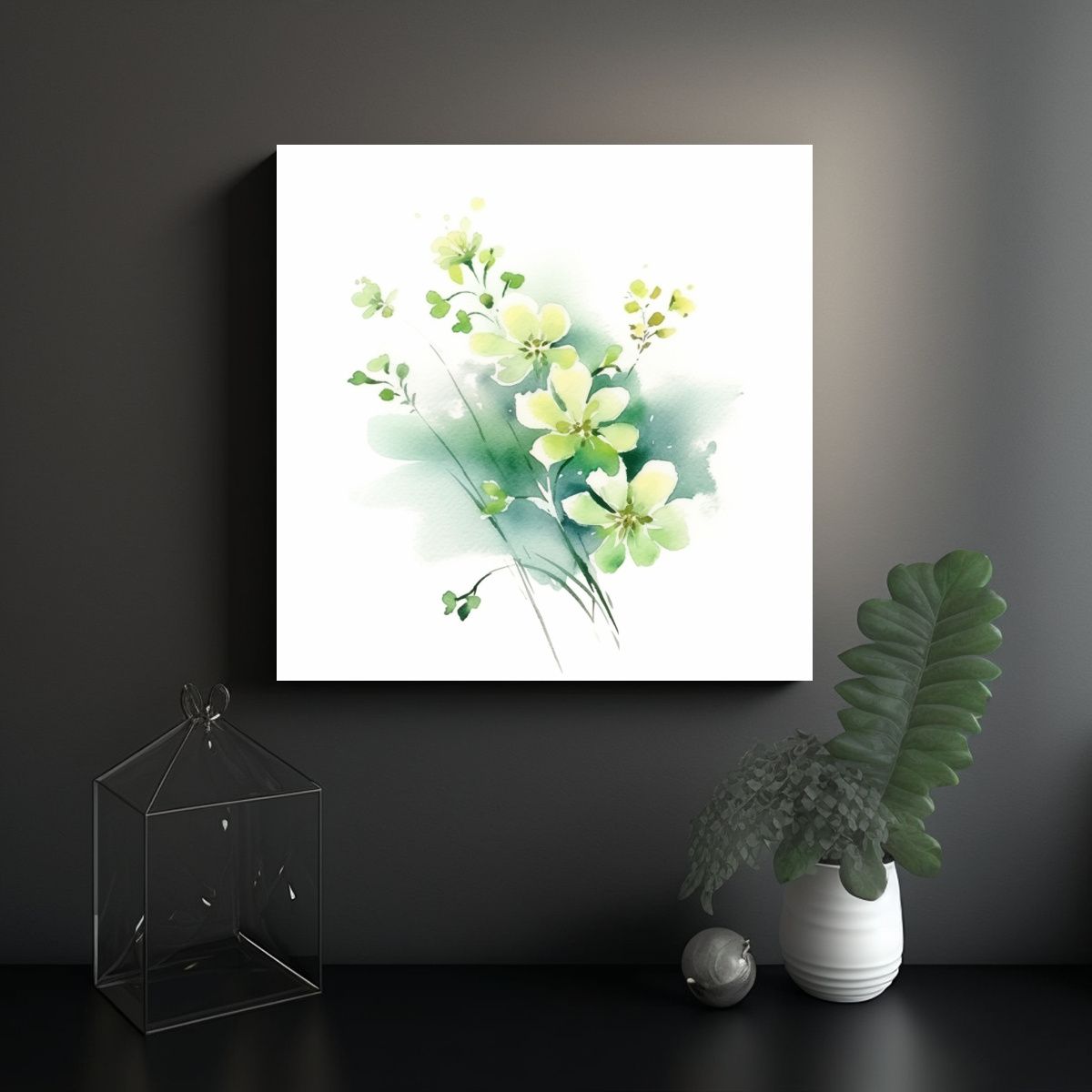 GENERICO - Cuadro De Flores Verde Claro Y Amarillo Pálido 60x60 Cm