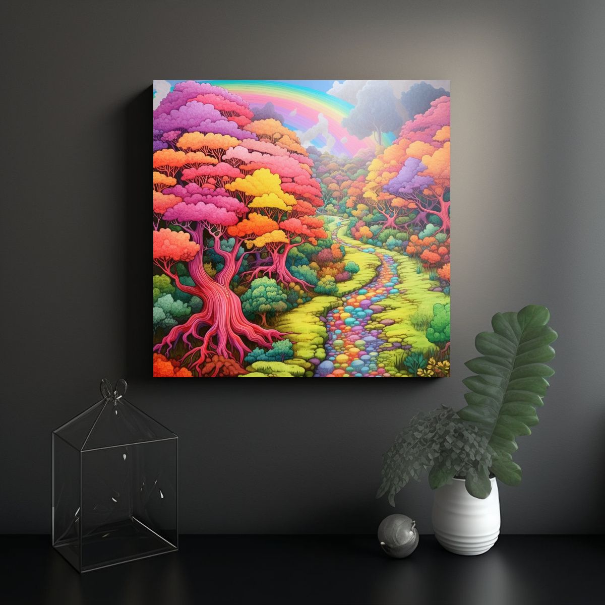 GENERICO - Cuadro Con Finas Líneas Bosque Arcoíris Y 60x60 Cm