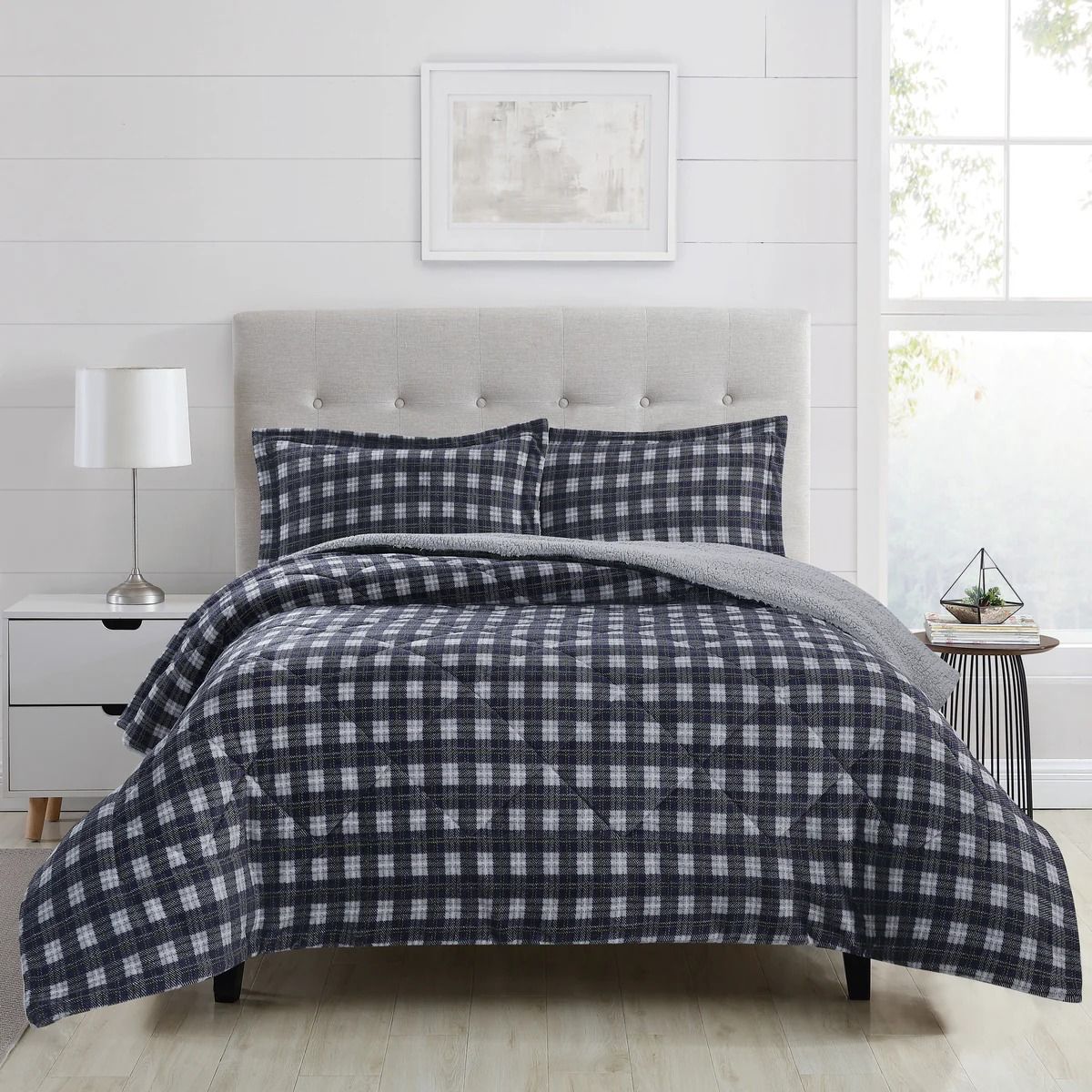 CHANTILLY - Plumón Flannel Sherpa Estampado 1.5 Plaza Azul Cuadros