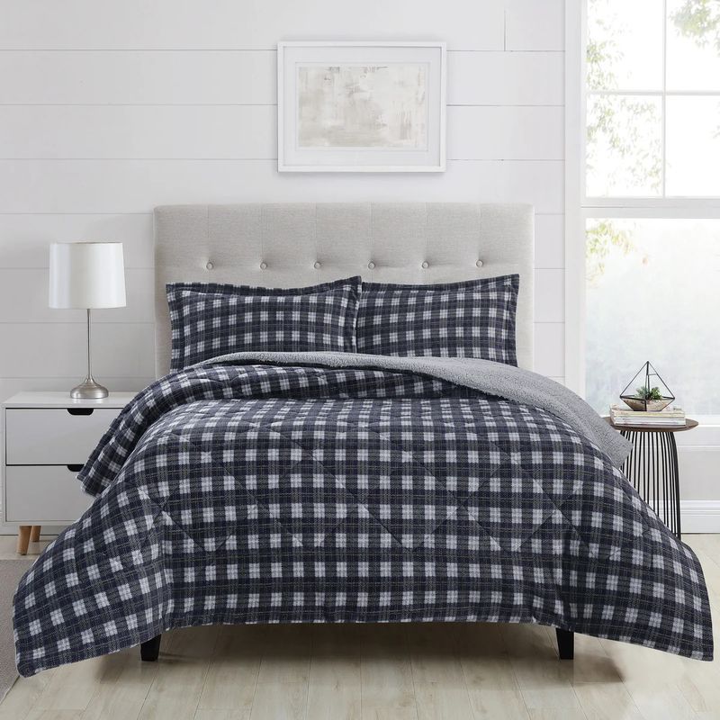 CHANTILLY - Plumón Flannel Sherpa Estampado 1.5 Plaza Azul Cuadros