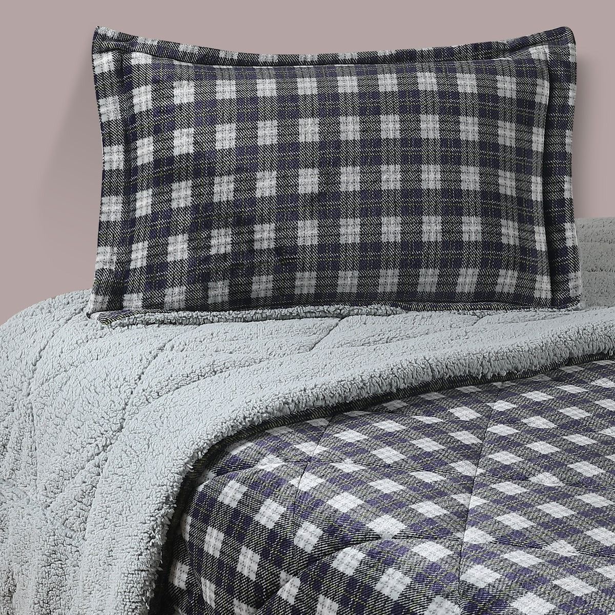 CHANTILLY - Plumón Flannel Sherpa Estampado 1.5 Plaza Azul Cuadros
