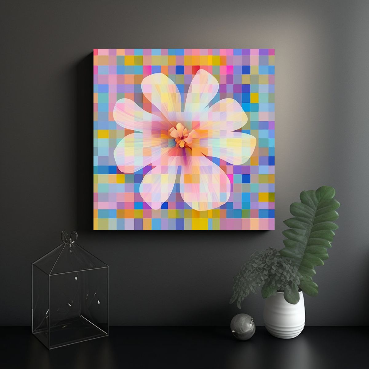 GENERICO - Cuadro Abstracto De Forma Floral En Glitch Art 60x60 Cm