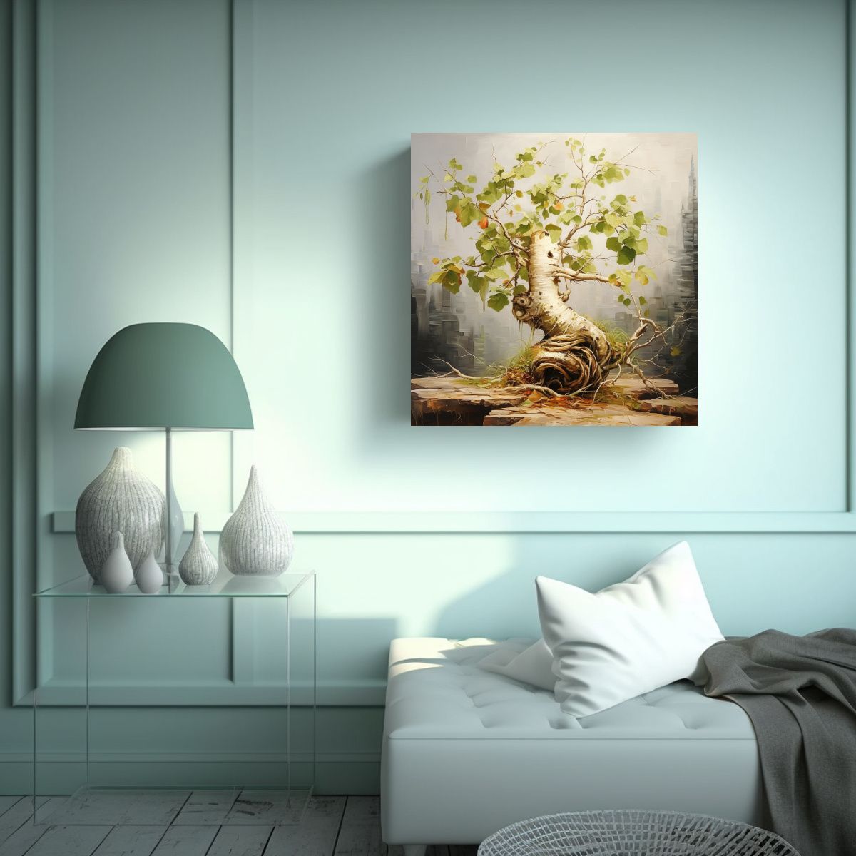 GENERICO - Cuadro Abstracto De árbol Bonsái De Abedul De 60x60 Cm