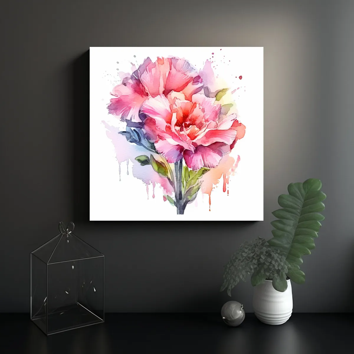 GENERICO - Pintura Floral Acuarela Rosa En Ramo Sobre Fondo 60x60 Cm.