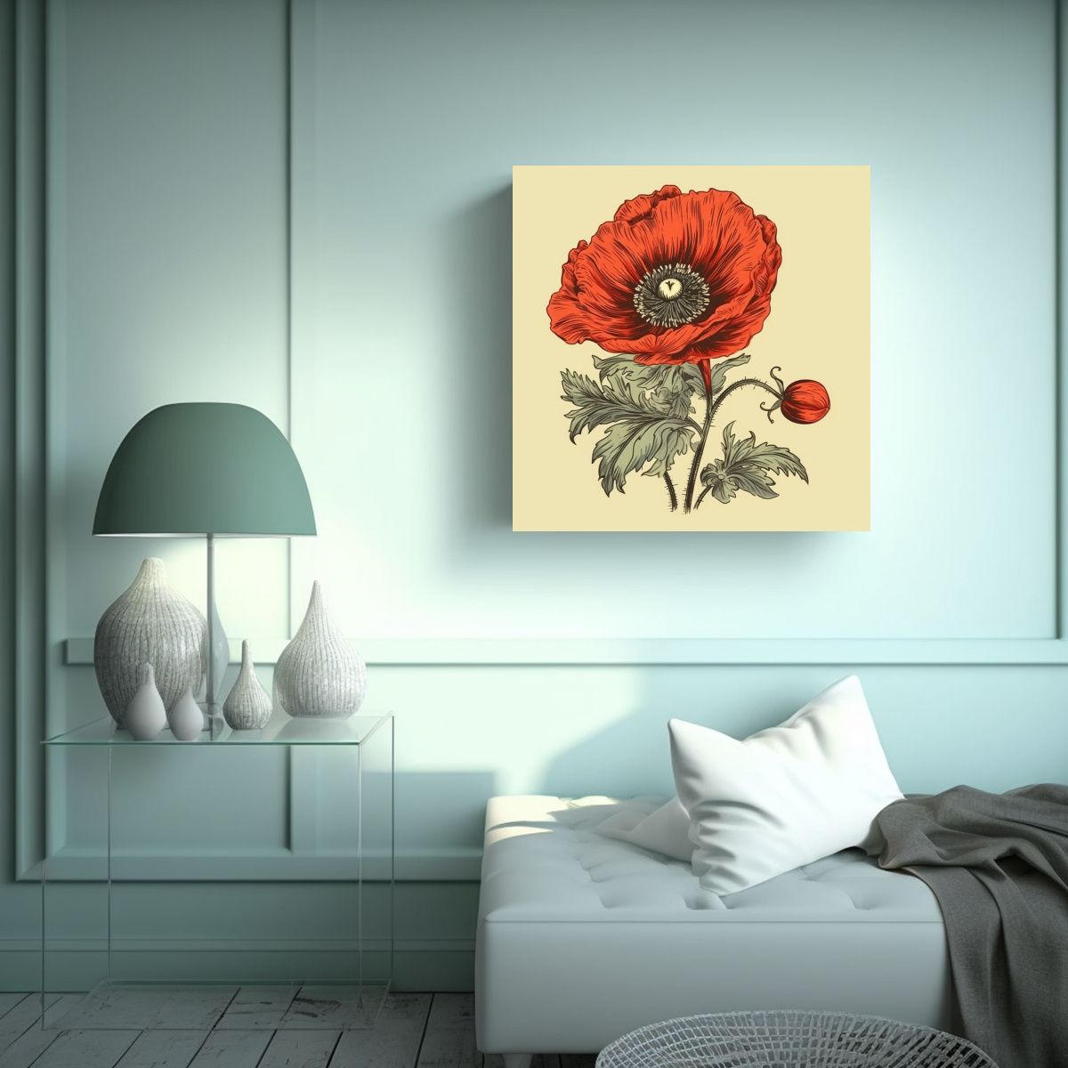 GENERICO - Cuadro Vintage De Amapola Dibujada A Mano En Tela 60x60 Cm