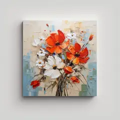 GENERICO - Lienzo Acuarela Salón A Flores Rojas Y Naranjas 60x60 Cm