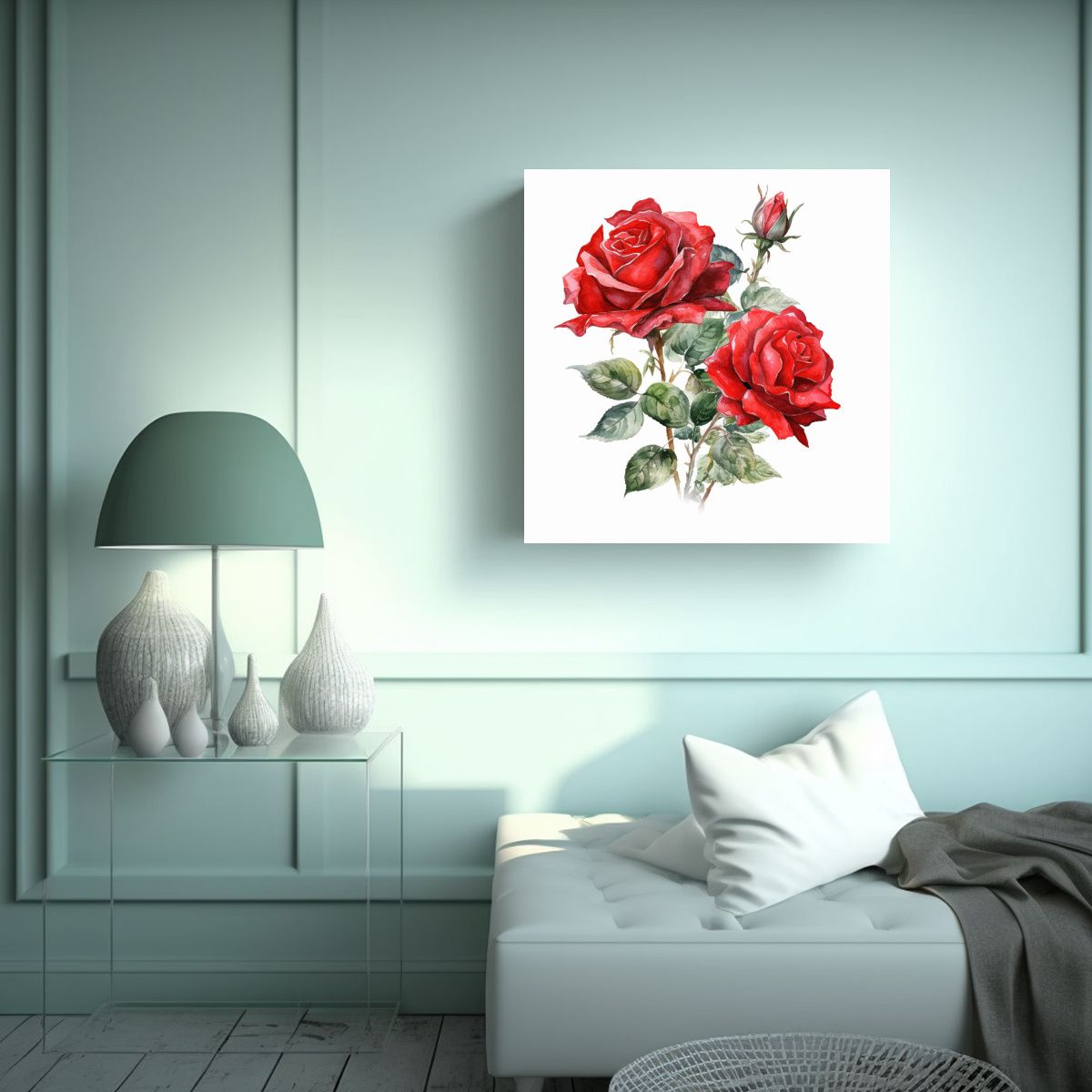 GENERICO - Lienzo Acuarela De Rosas Rojas Clásicas Fondo 60x60 Cm