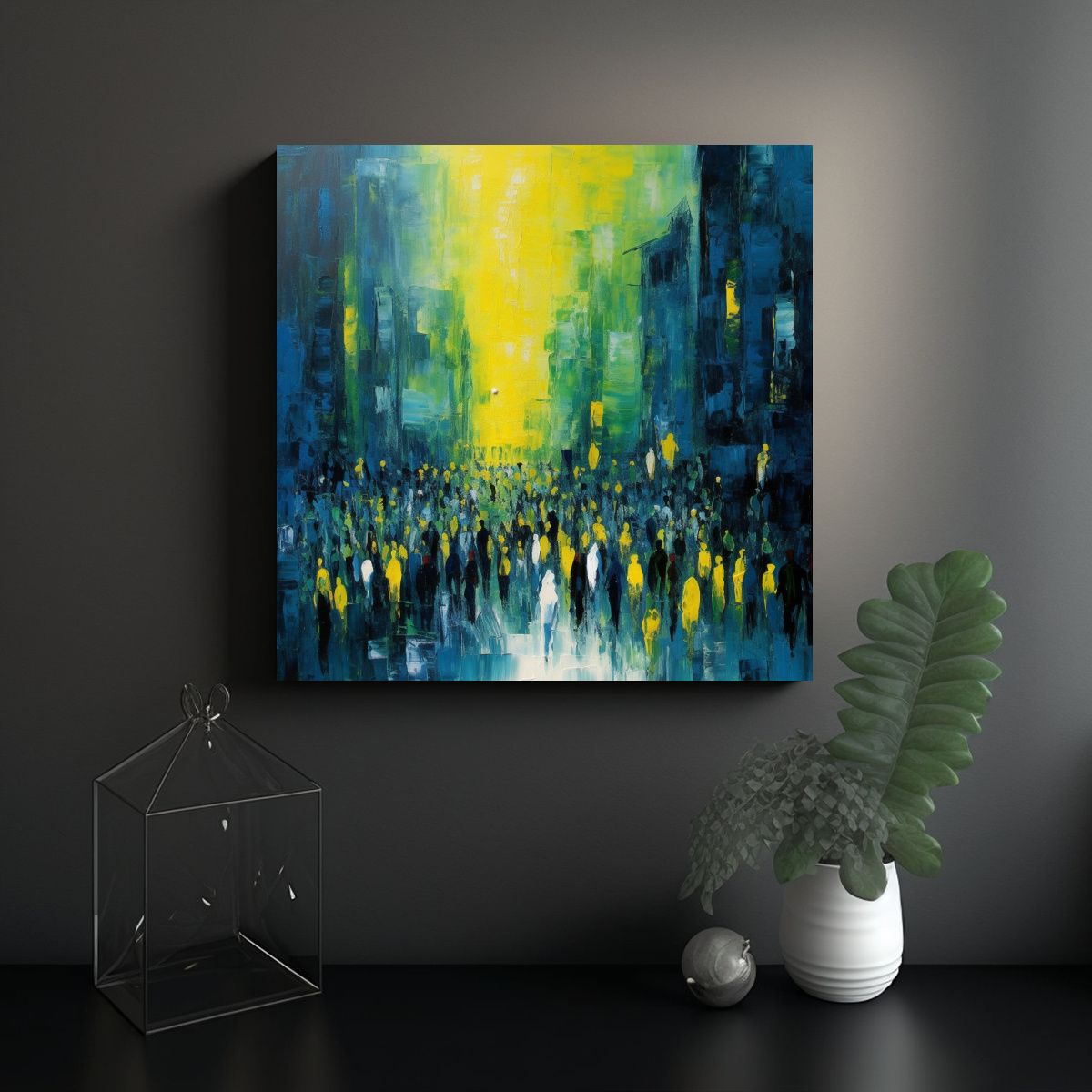 GENERICO - Cuadro Abstracto Ciudad Multitud Colores Azul 60x60 Cm