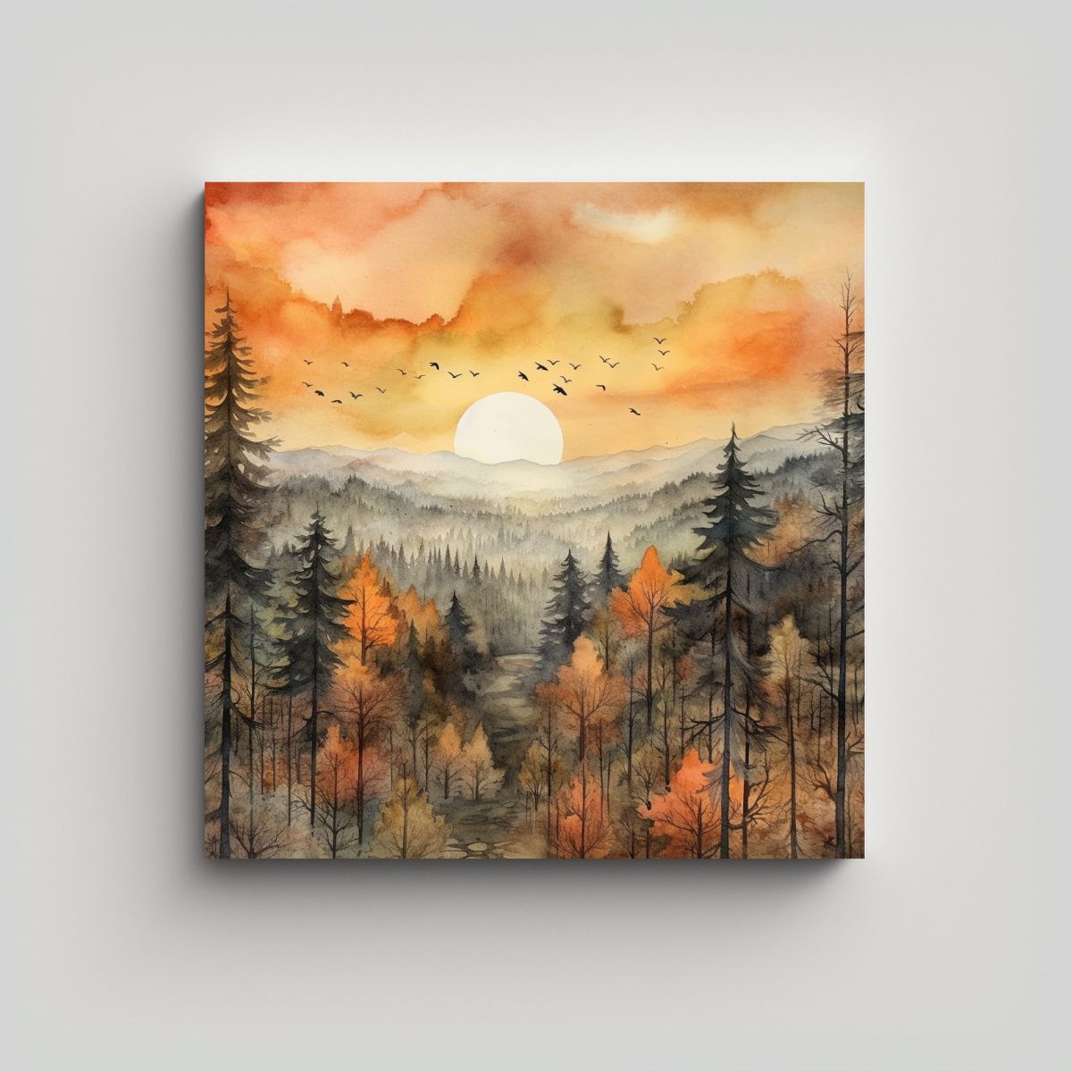 GENERICO - Cuadro De Pared Bosque Acuarela Colores Montañas 60x60 Cm.