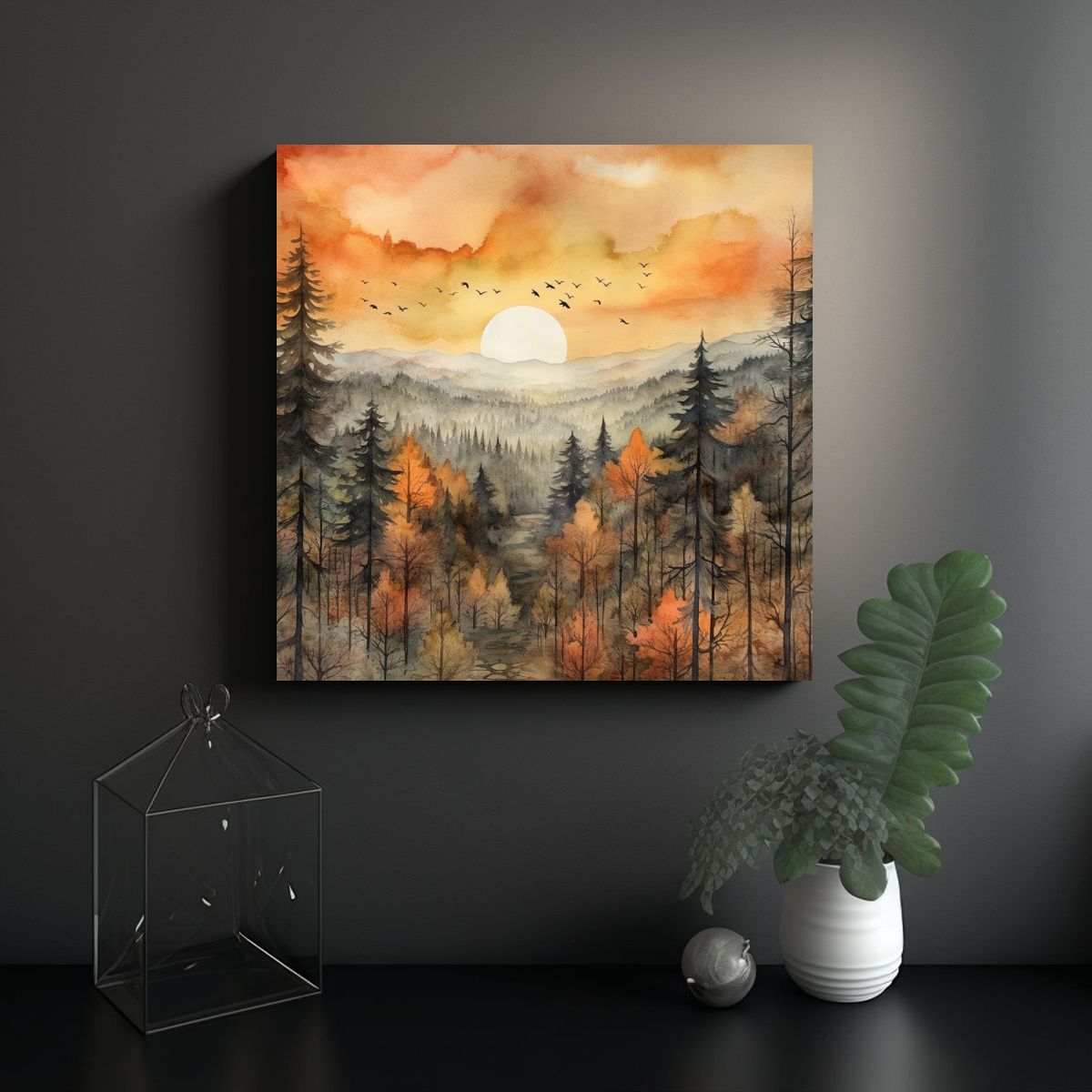 GENERICO - Cuadro De Pared Bosque Acuarela Colores Montañas 60x60 Cm.