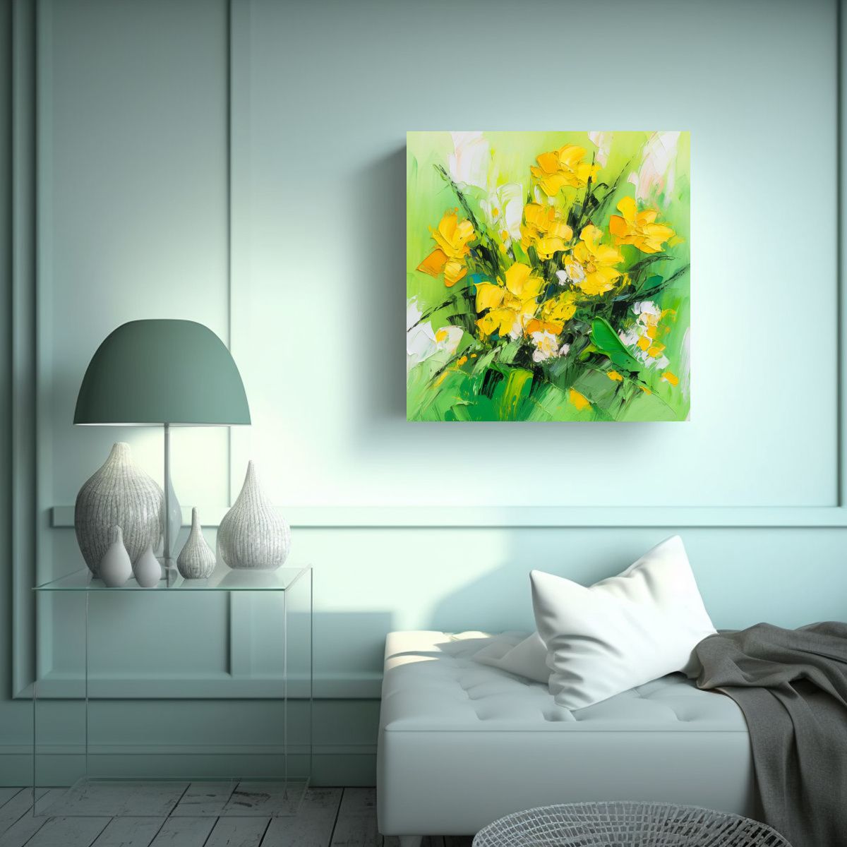 GENERICO - Pintura Lienzo Adorno Amarillo Y Verde Flores De 60x60 Cm.