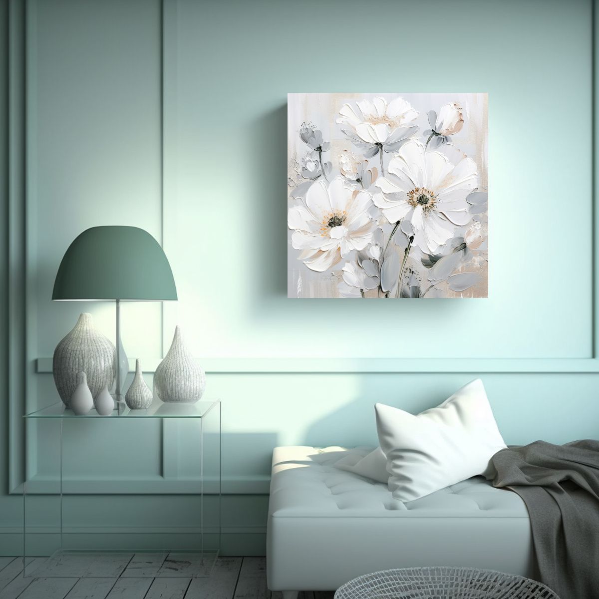 GENERICO - Pintura De Flores En Lienzo En Colores Blanco Y 60x60 Cm