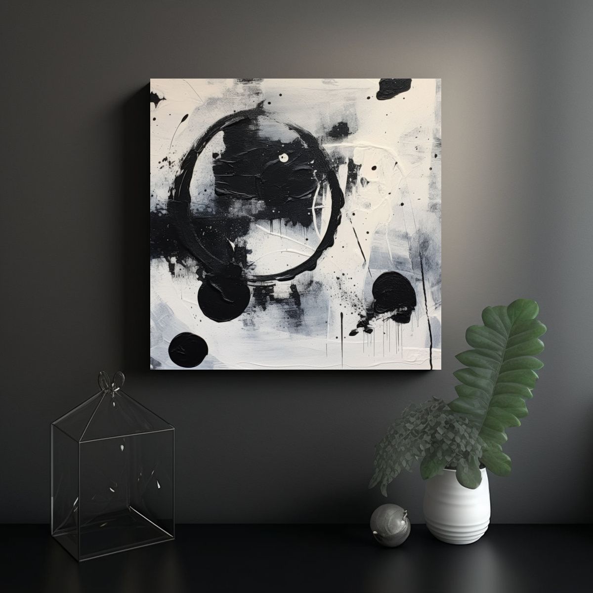 GENERICO - Cuadro Abstracto Moderno En Blanco Y Negro Arte 60x60 Cm