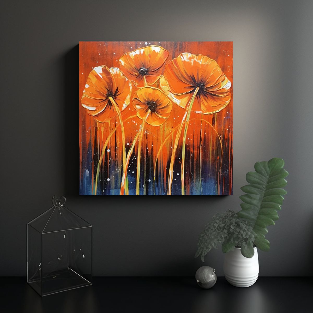 GENERICO - Pintura Acrílica De Flores En Naranja Con 60x60 Cm