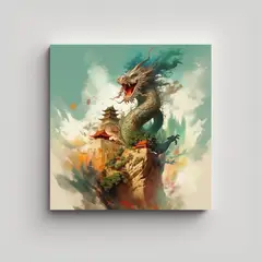 GENERICO - Pintura En Tela De Dragón Volador Sobre Escena 60x60 Cm