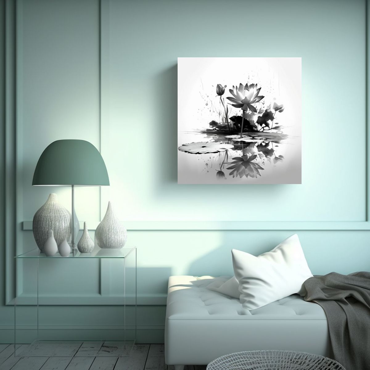 GENERICO - Lienzo Moderno De Loto En Estanque En Tinta Negra 60x60 Cm