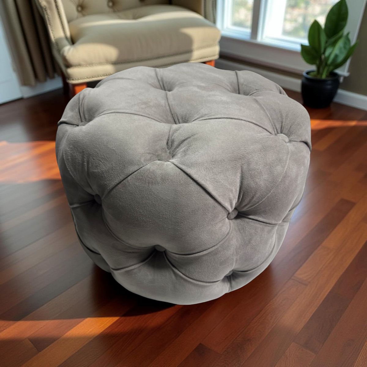 MUEBLES NEW - PUFF REDONDO CAPITONE GRIS FELPA